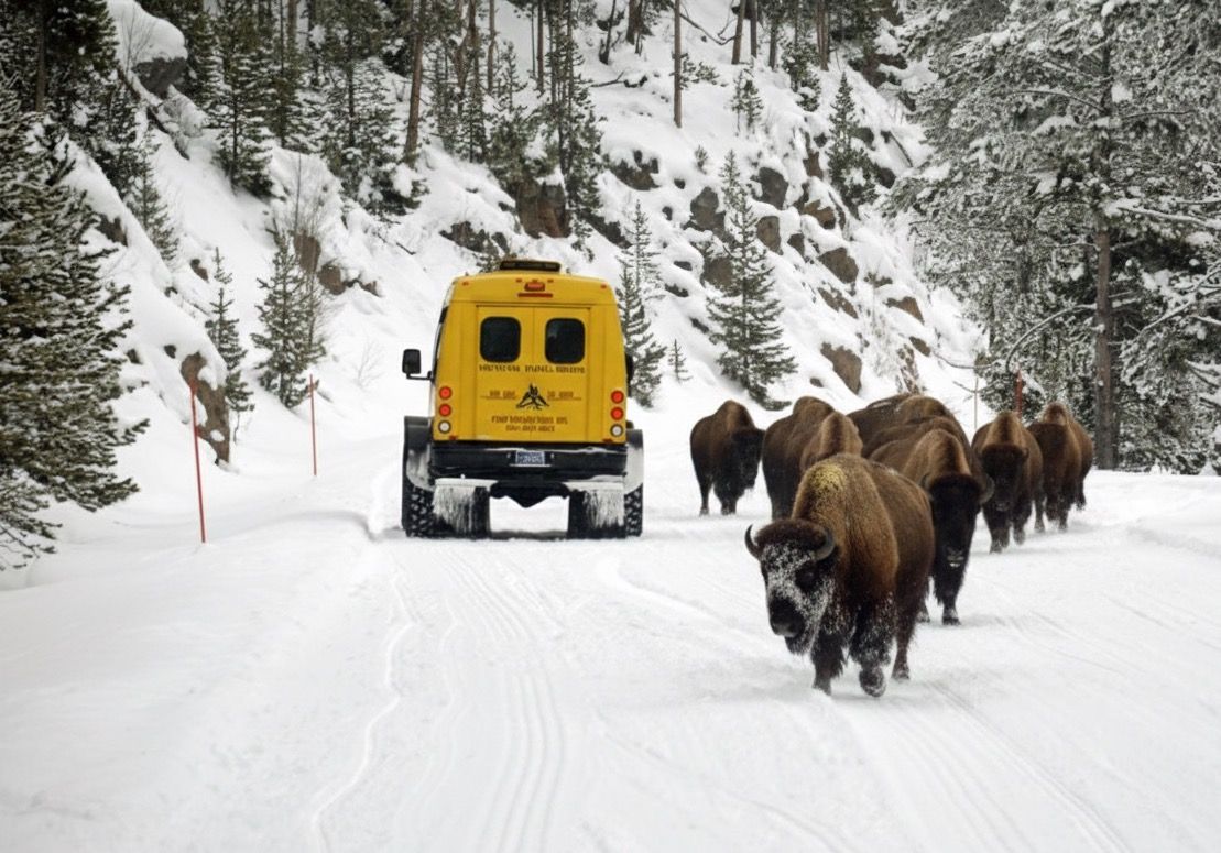 Yellow snowcoach on a snowy road with a herd of bison walking alongside in Yellowstone National Park