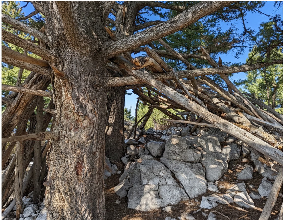 Rustic stick shelter built from large branches leaned against a tree trunk at the summit