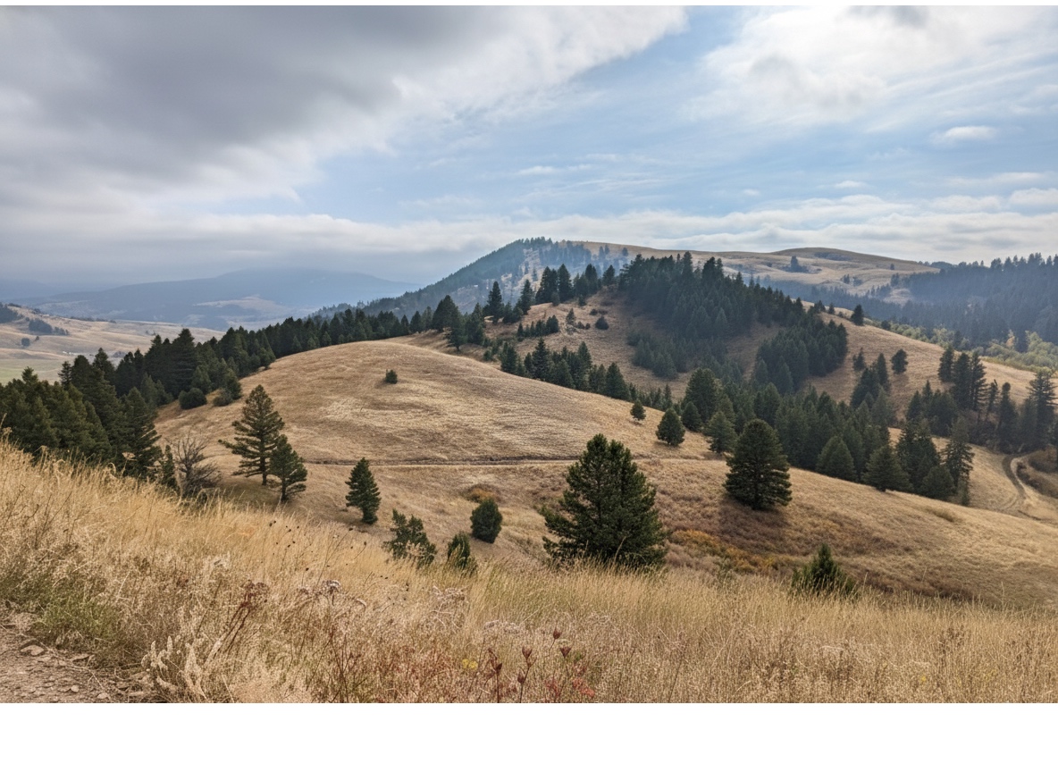 Golden rolling hills dotted with pines under dramatic clouds from Drinking Horse summit