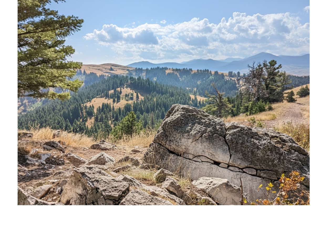 View from Drinking Horse summit with boulders in foreground and forested hills stretching toward distant mountains