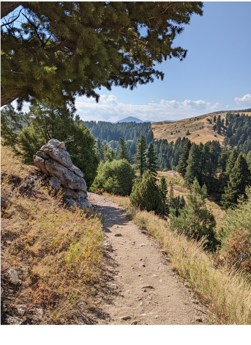 Trail passing rock cairn under pine tree with forested valley view