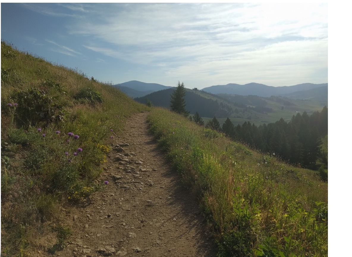 Trail winding through grassy hillside with purple wildflowers and mountain views