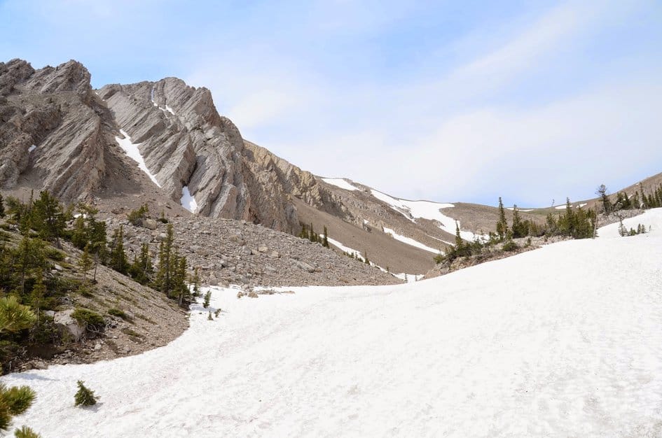 Snow basin below dramatic tilted limestone cliffs of Sacagawea Peak