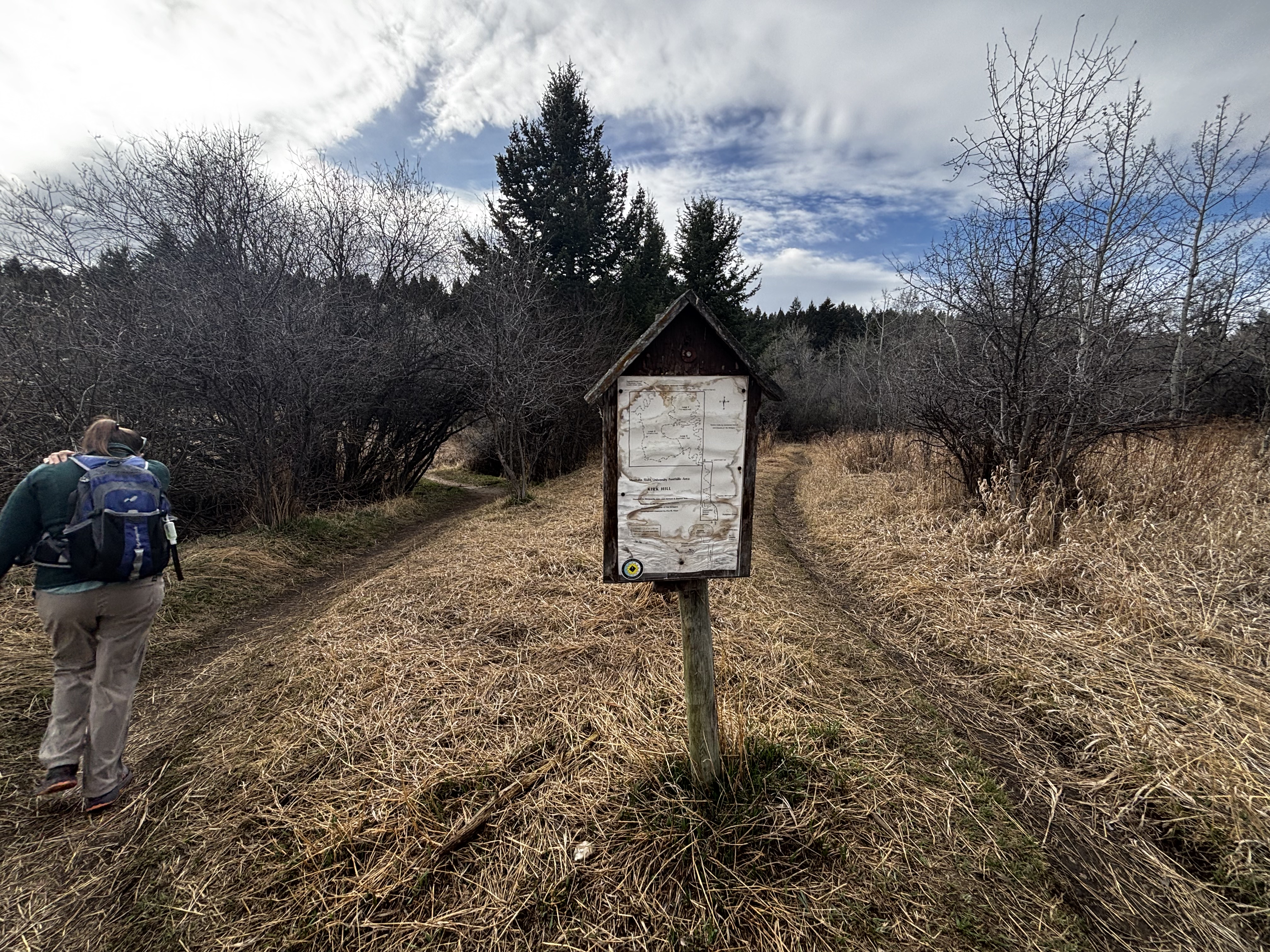 Hiker passing a junction sign post in the meadow on the lower section of Kirk Hill trail