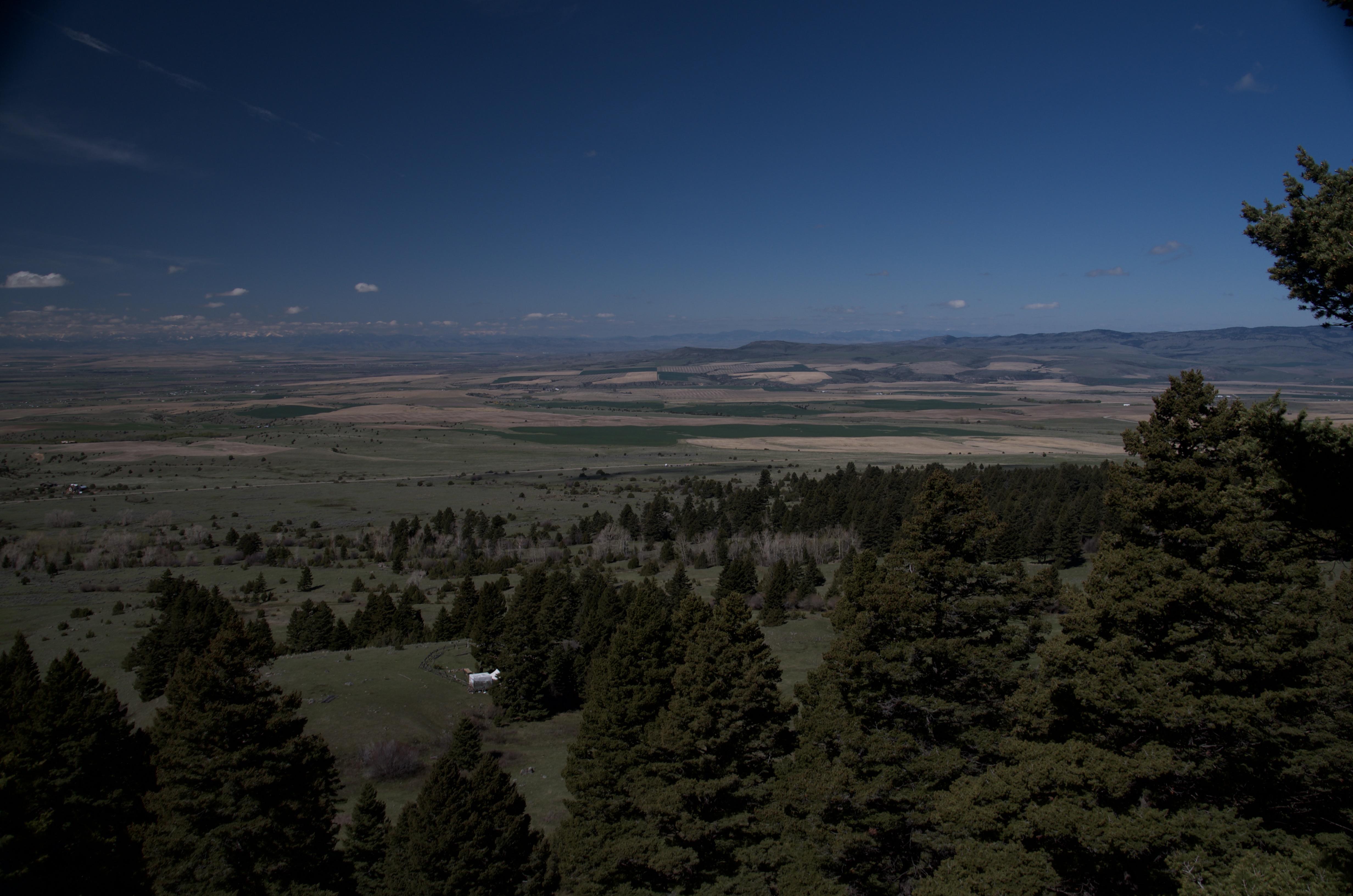 Wide panoramic view of the Gallatin Valley farmland and distant ranges framed by dark conifer silhouettes