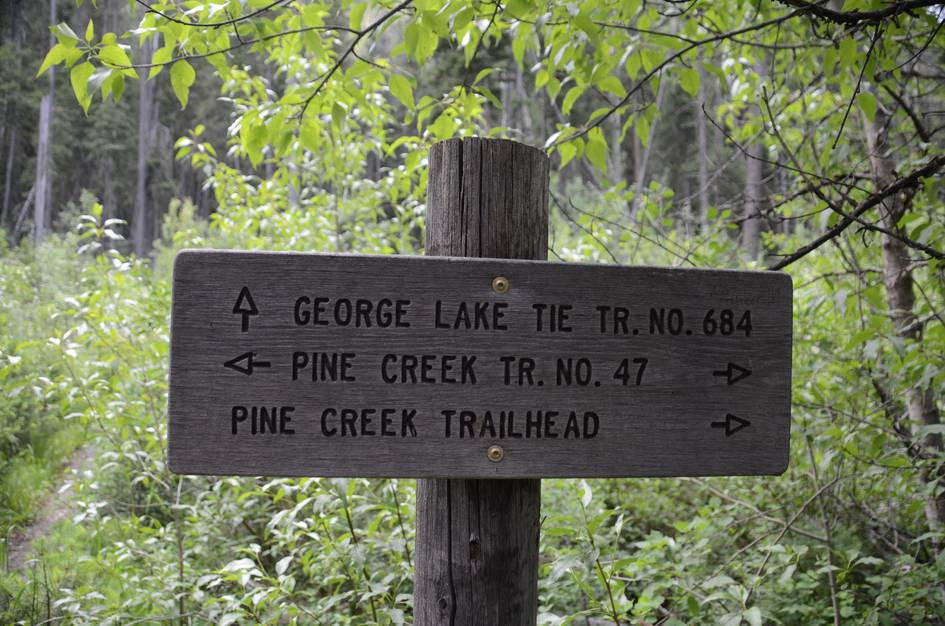 Wooden trail sign showing George Lake Tie Trail and Pine Creek Trail directions