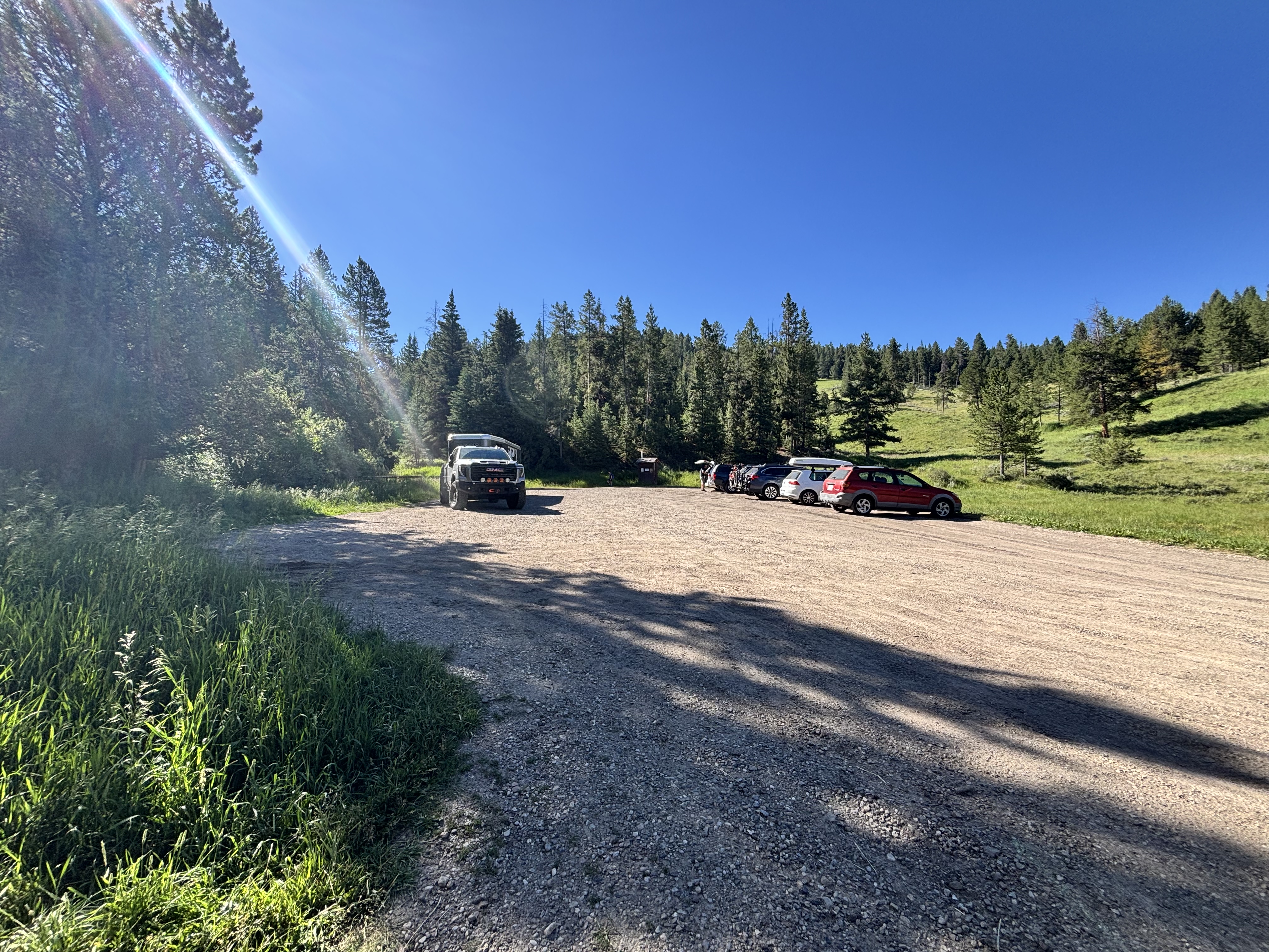 Gravel parking area at Porcupine Trailhead near Big Sky