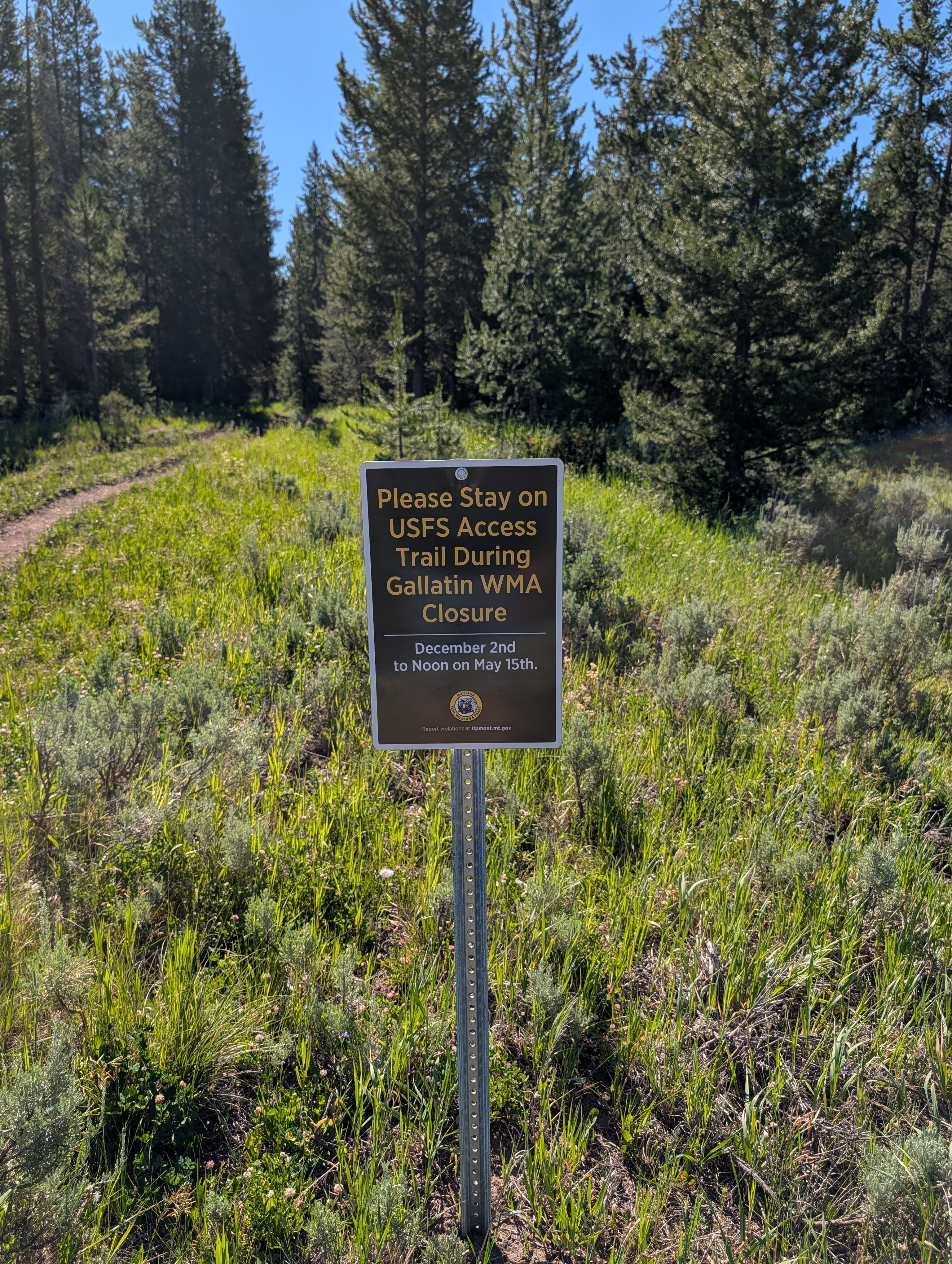 Gallatin Wildlife Management Area closure sign on the Porcupine Creek access trail