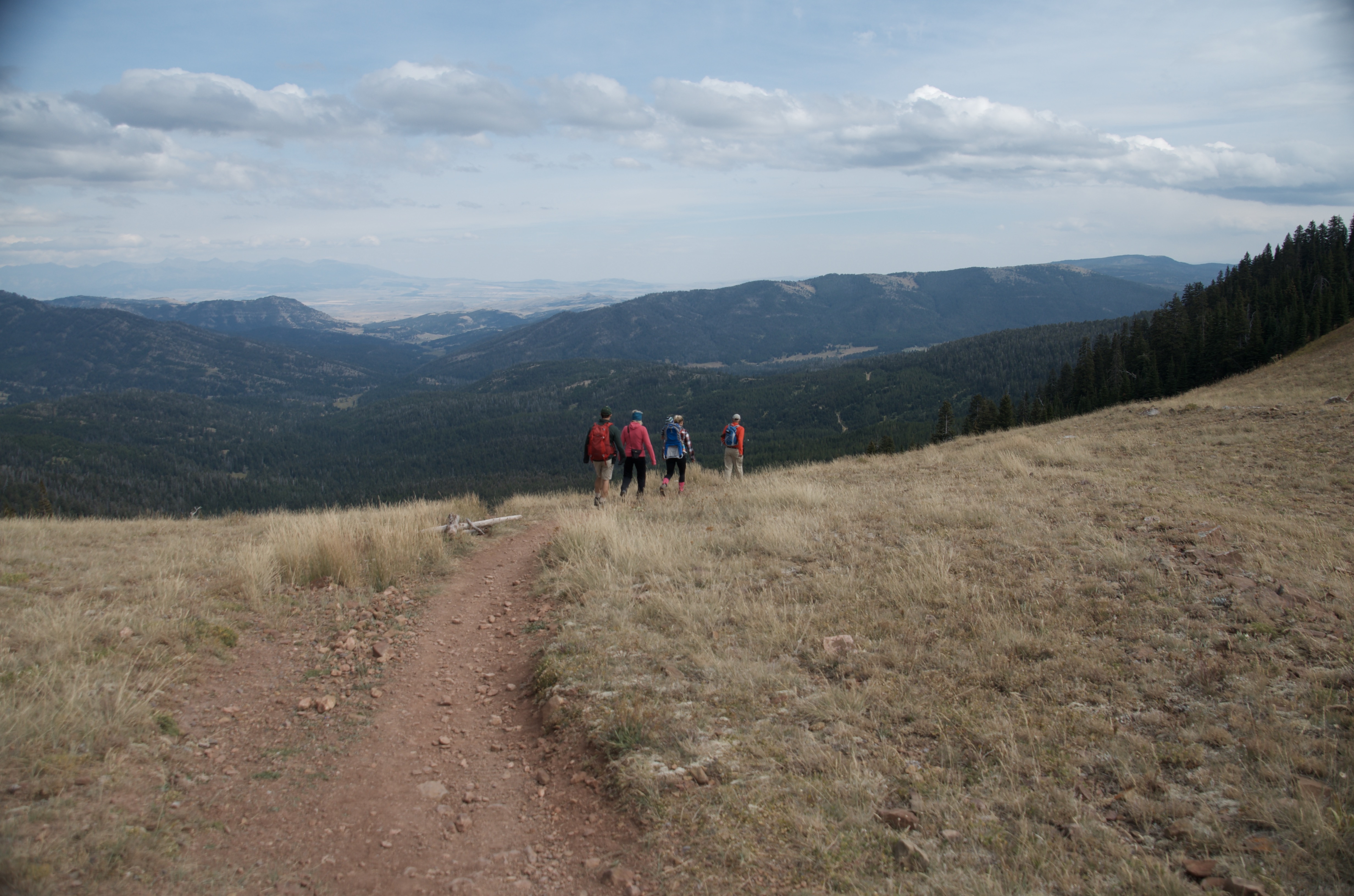 Three hikers on open ridge trail with sweeping Gallatin Valley views and golden grassy slopes