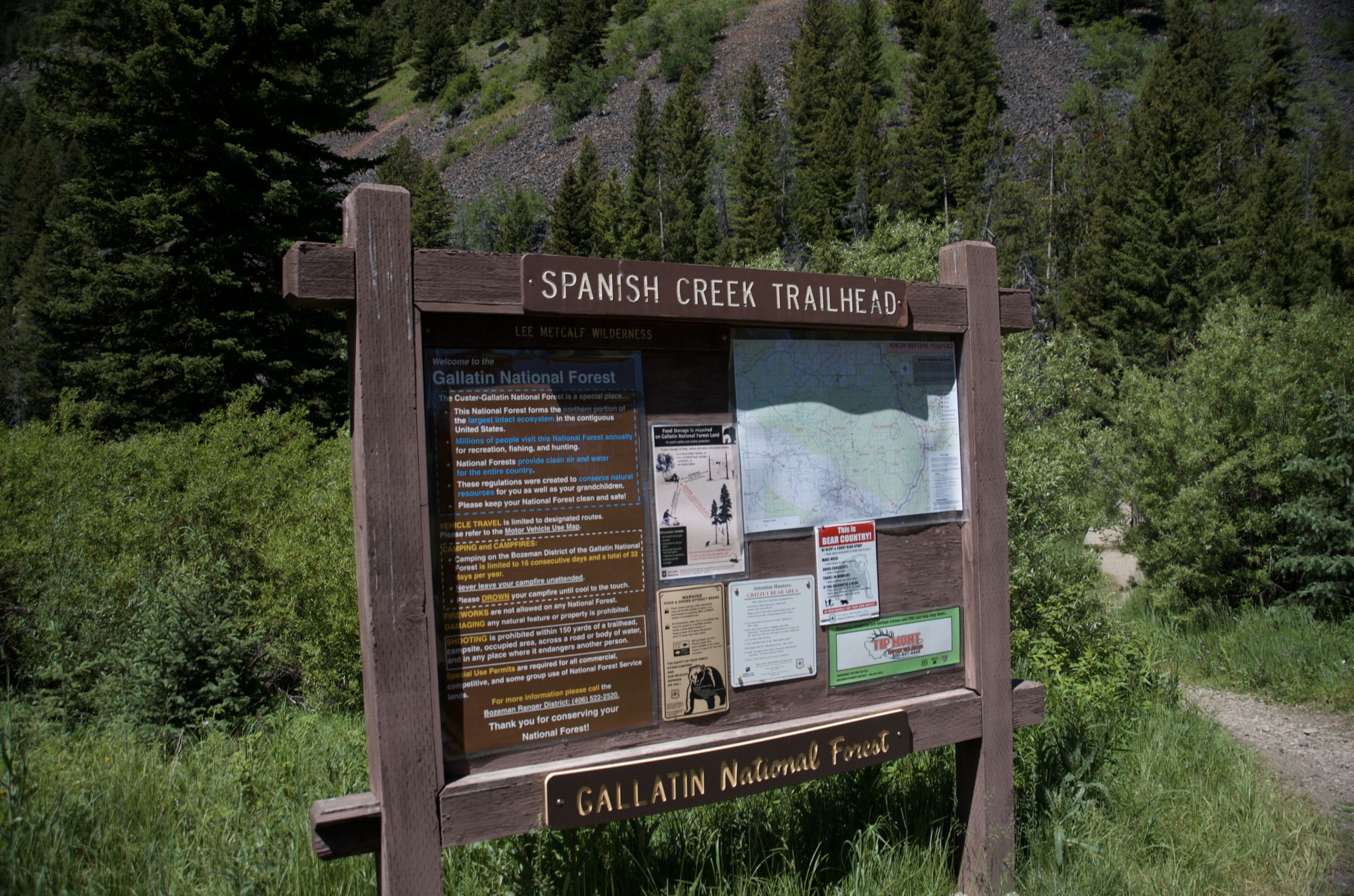 Spanish Creek Trailhead information kiosk at Gallatin National Forest