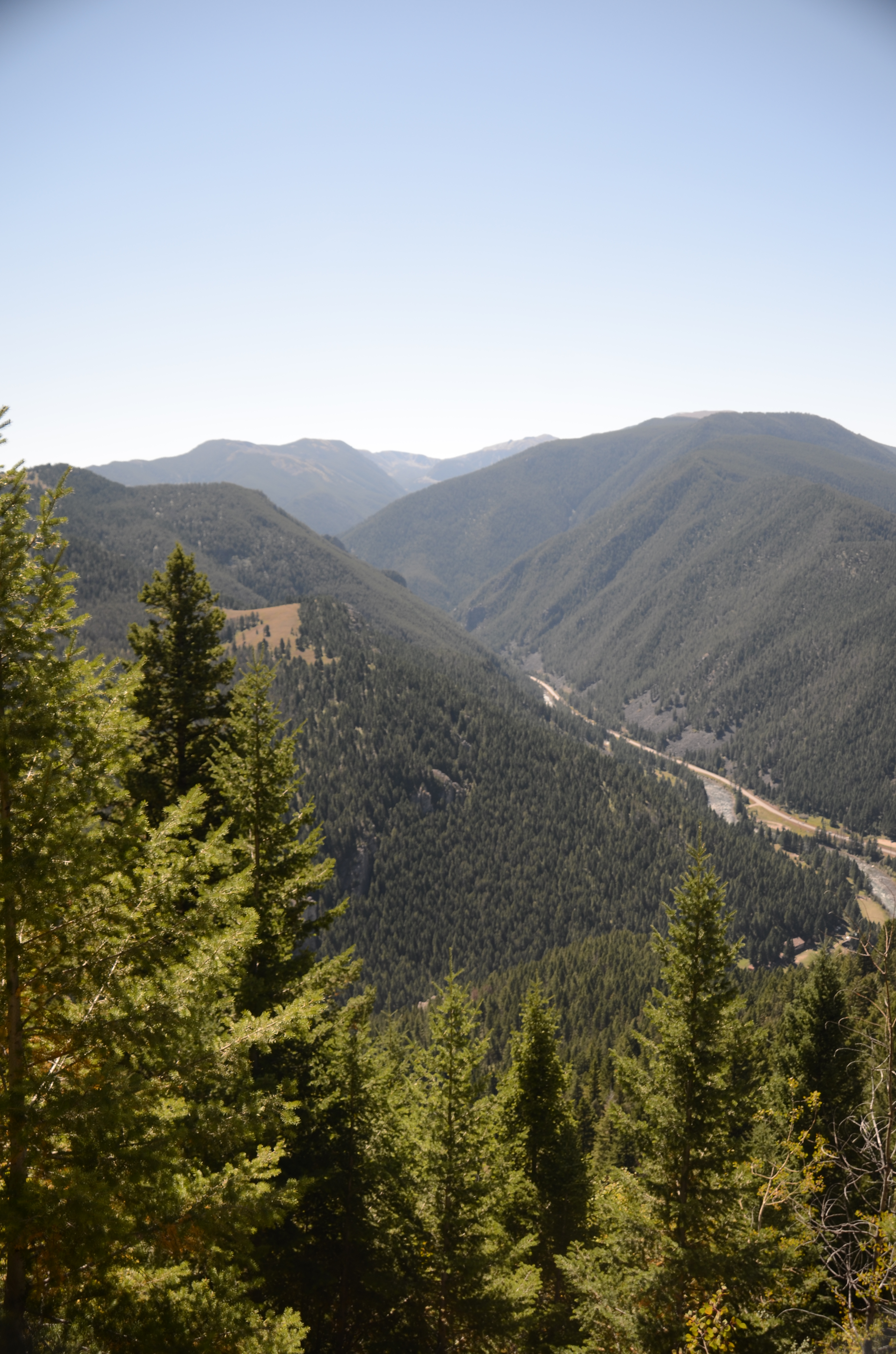 Gallatin River canyon viewed from mid-elevation on the Storm Castle Peak trail with forested ridgelines ahead