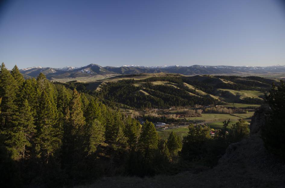 View of Bridger Canyon valley with pine forests and snow-capped peaks