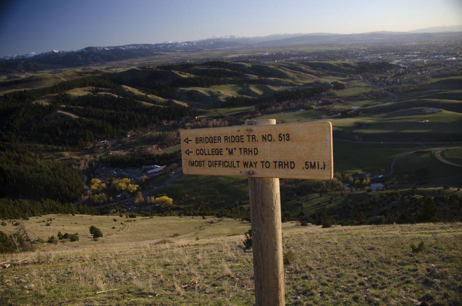 Trail sign for Bridger Ridge overlooking Gallatin Valley