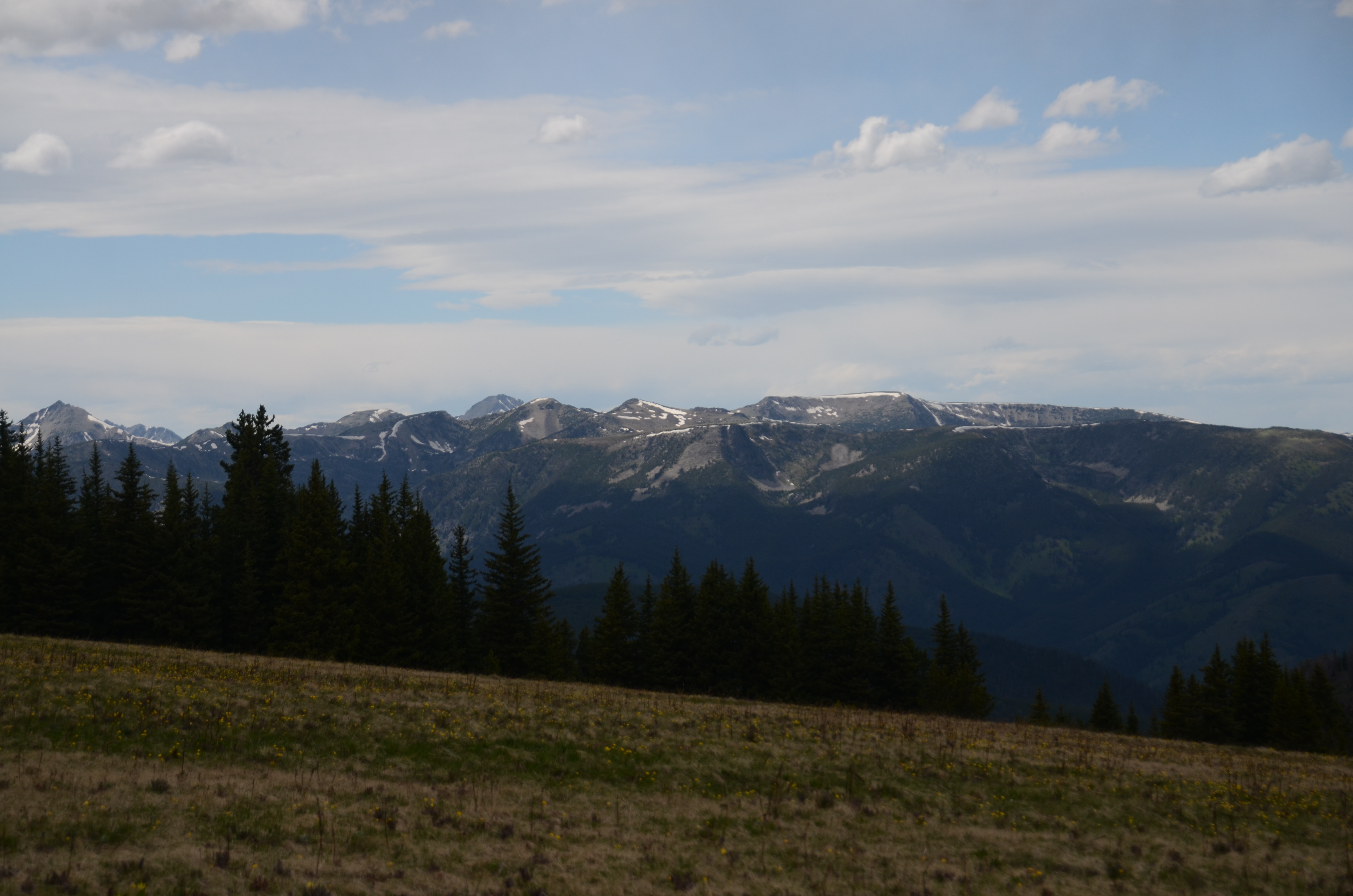 Panoramic view of the Madison Range from the upper meadows on the Windy Pass trail