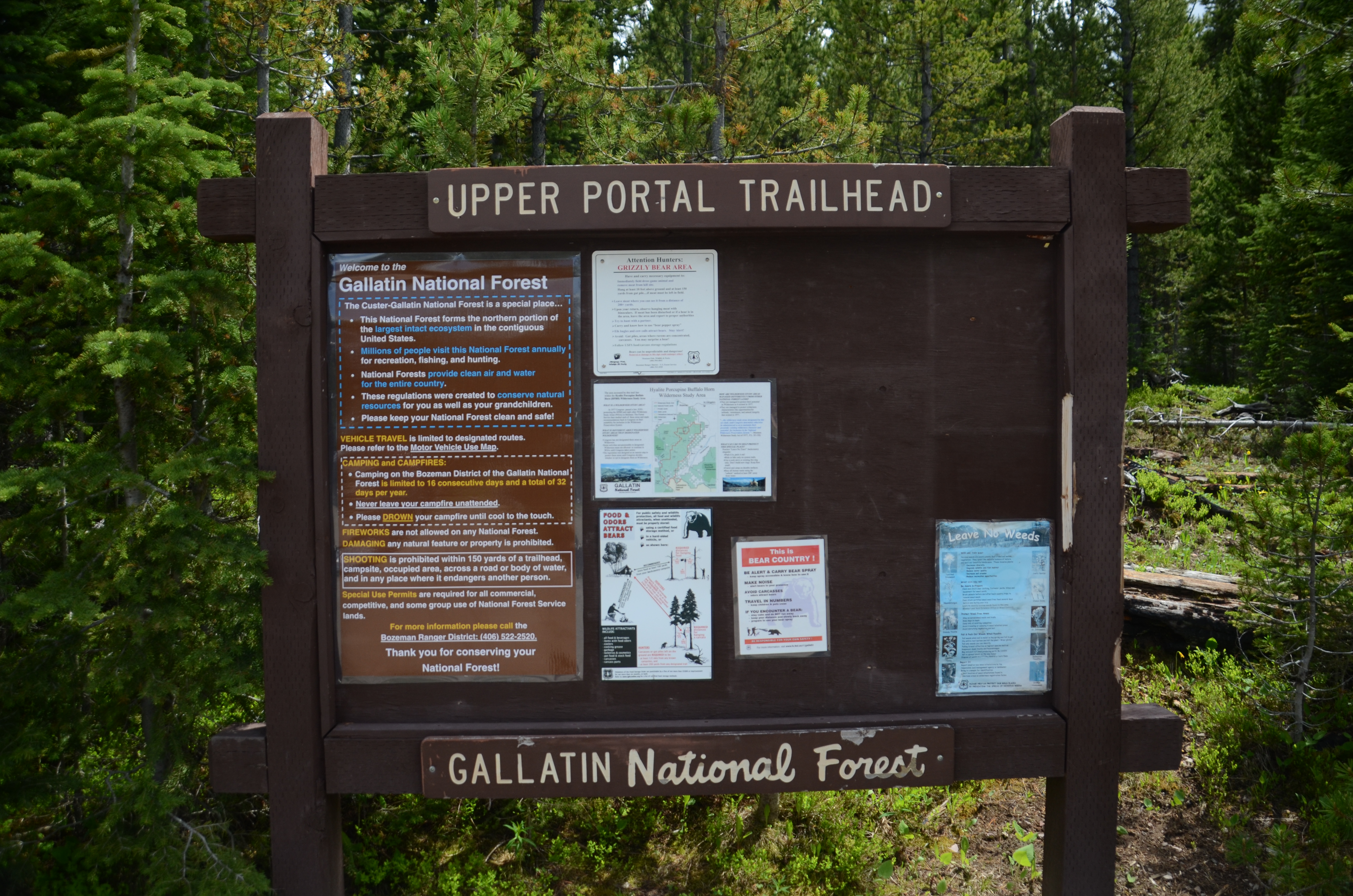 Upper Portal Trailhead sign for the Gallatin National Forest at the start of the Windy Pass trail near Big Sky