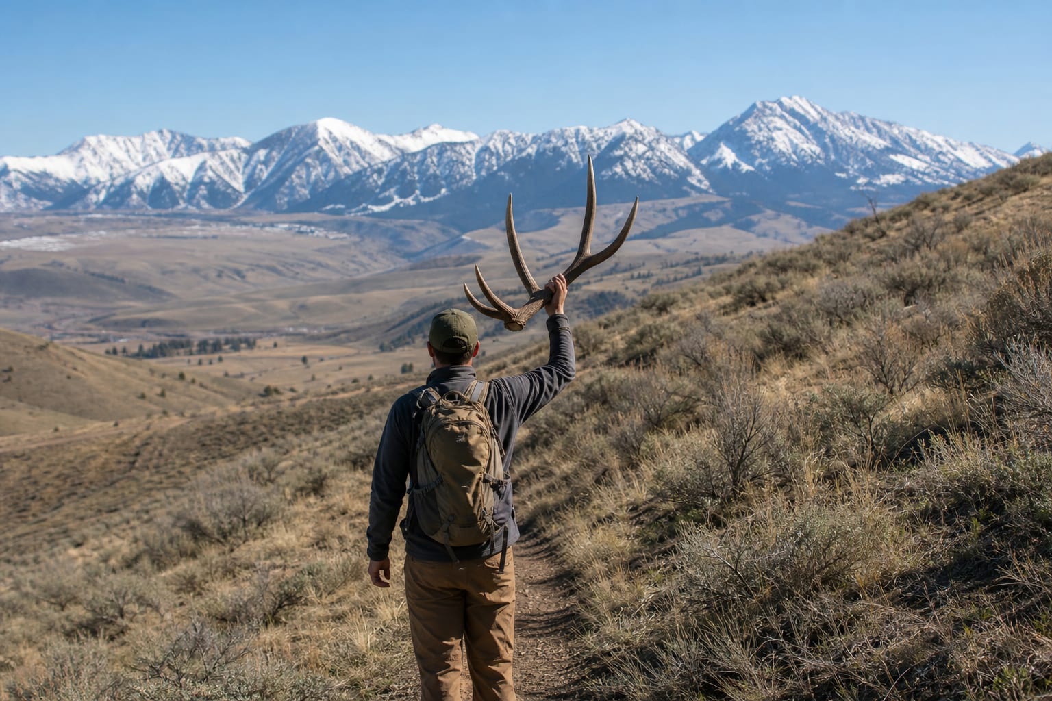 Hiker holding up a set of elk antlers on a dry hillside trail with snow-capped mountains in the background