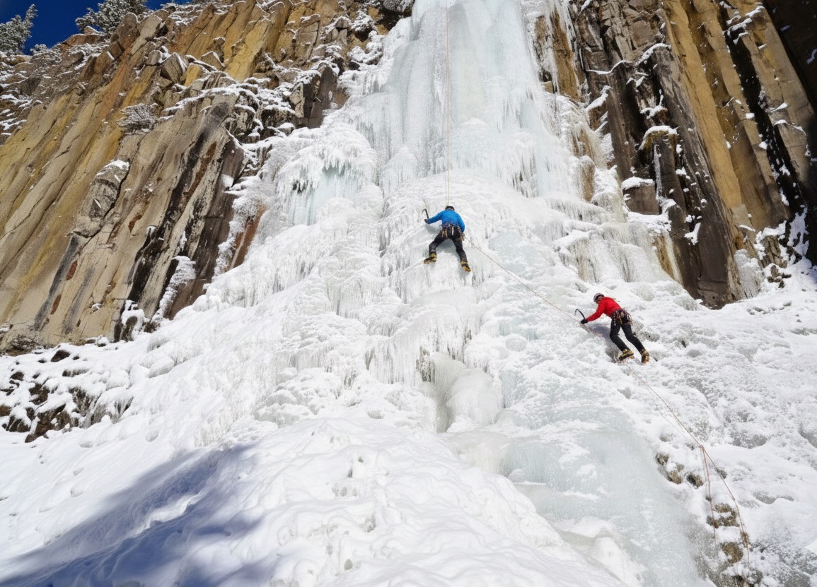Two ice climbers ascending a frozen waterfall between basalt columns in Hyalite Canyon
