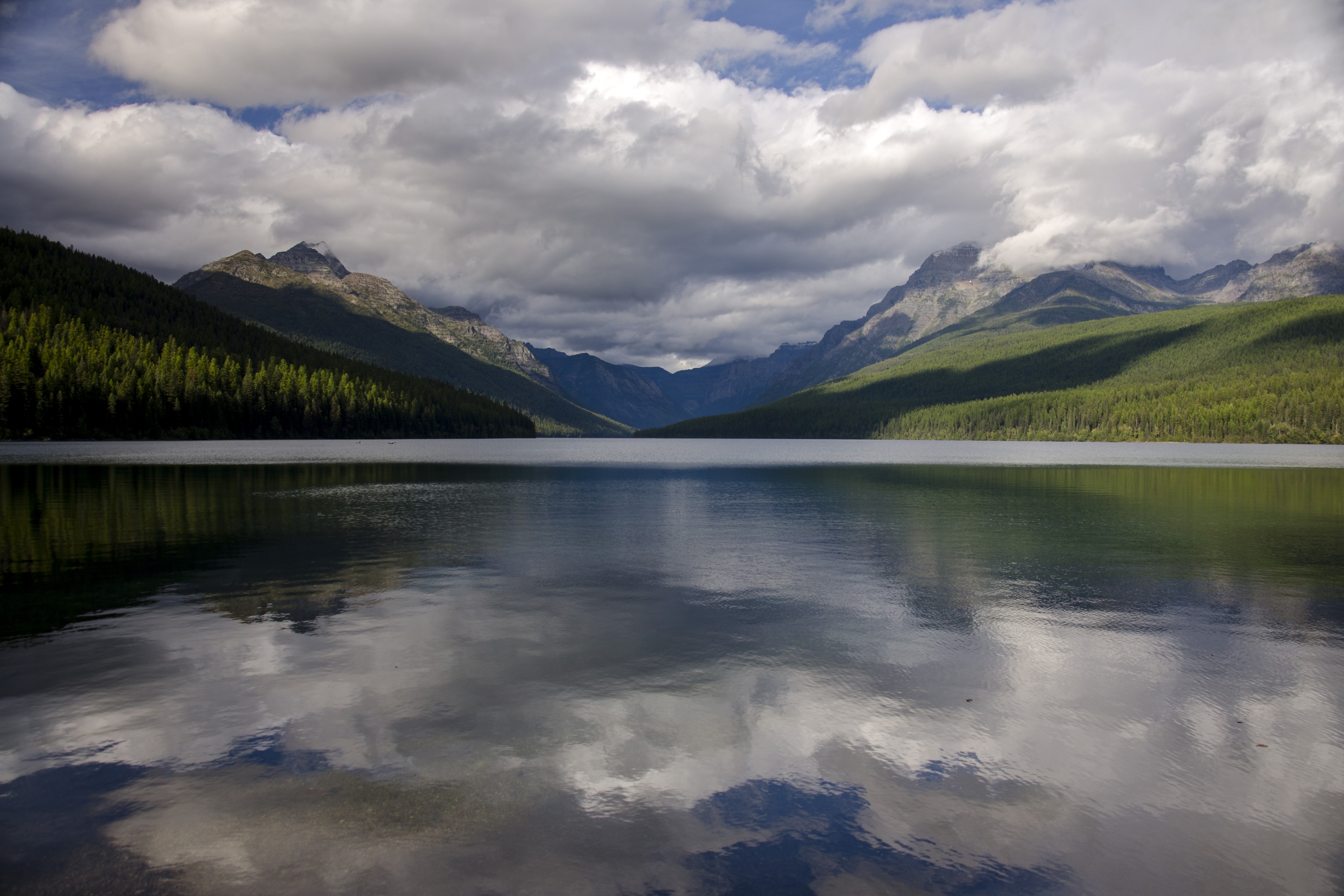 Bowman Lake reflecting dramatic clouds and forested mountains in Glacier National Park