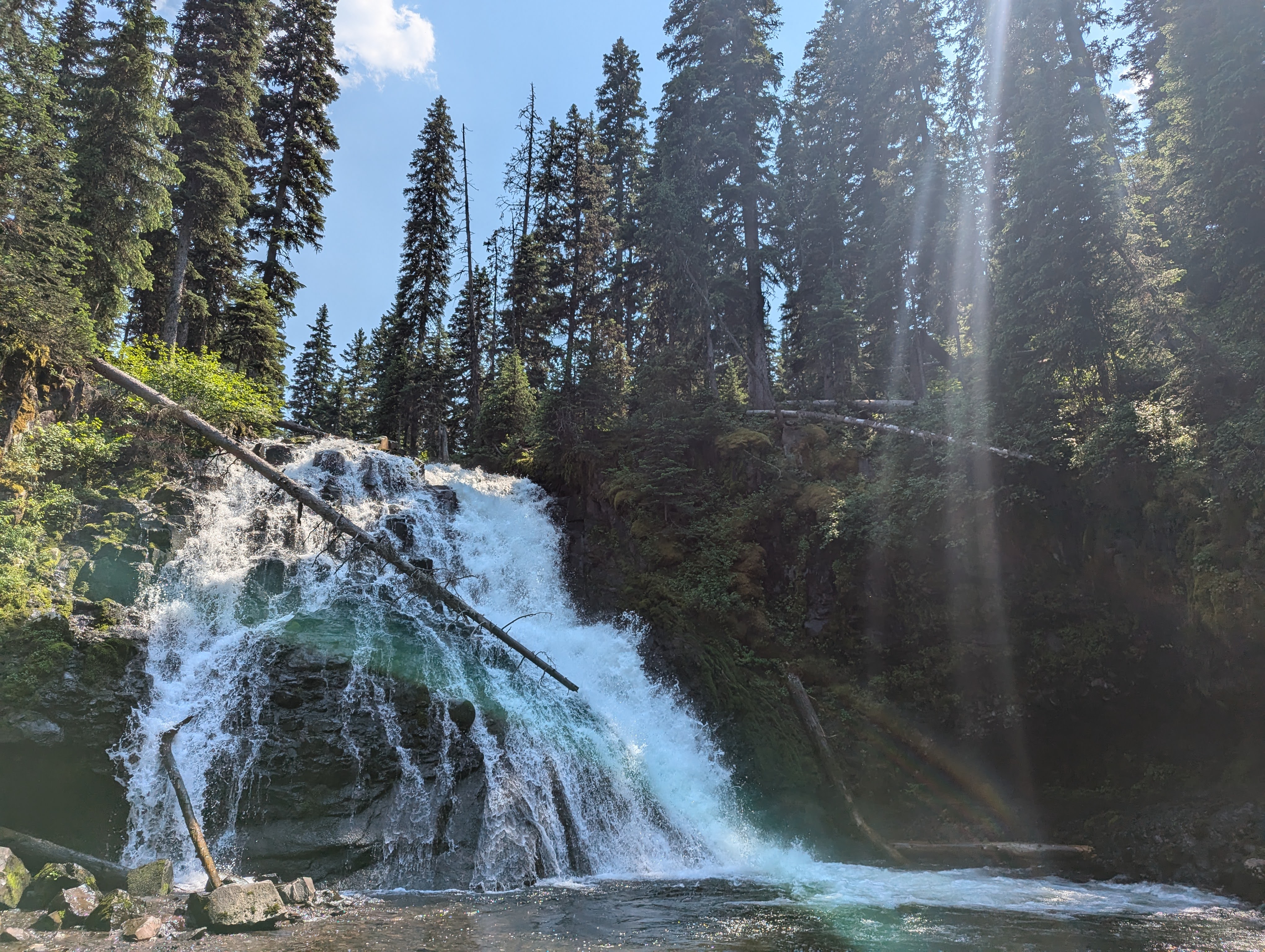Grotto Falls with sunbeams filtering through evergreen trees in Hyalite Canyon